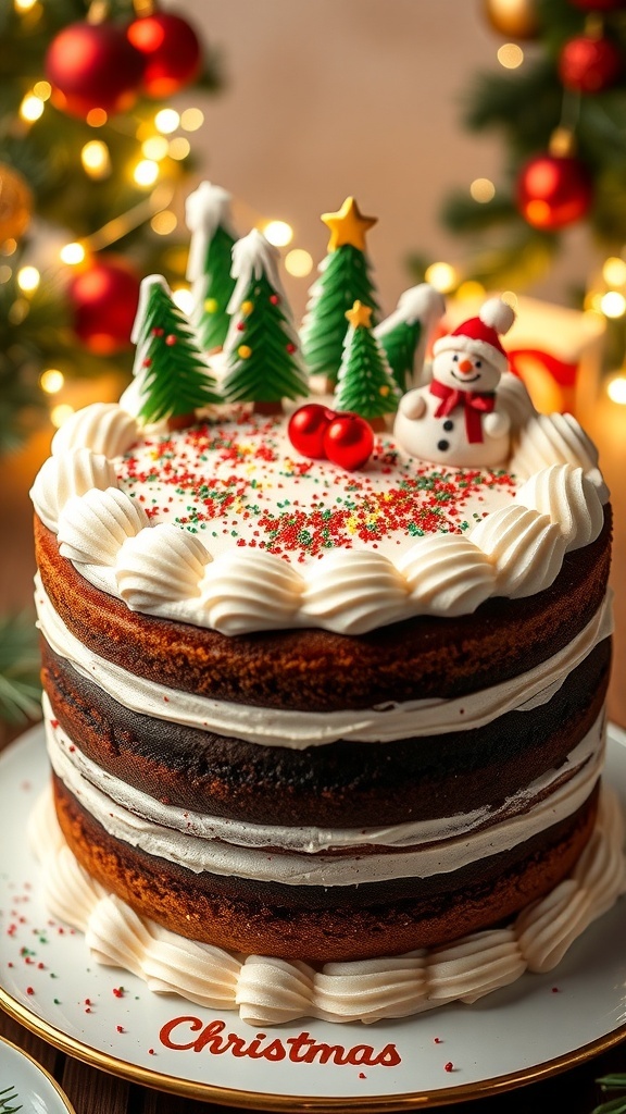 A festive 9x13 Christmas cake decorated with sprinkles and holiday toppers on a table with Christmas decorations.